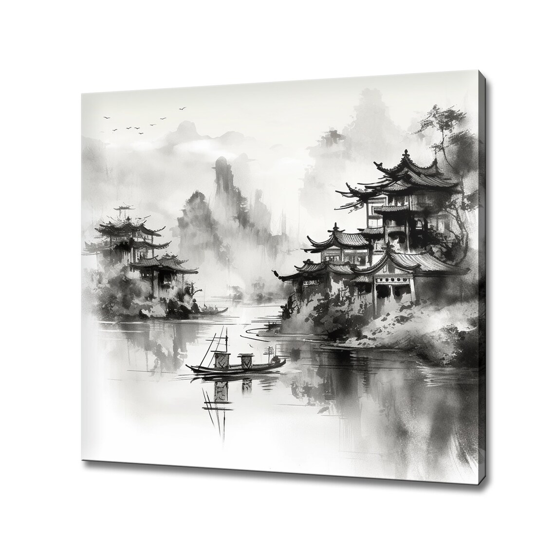 Chinese Ink Landscape Misty Pagodas Lake Painting Asian Art Poster