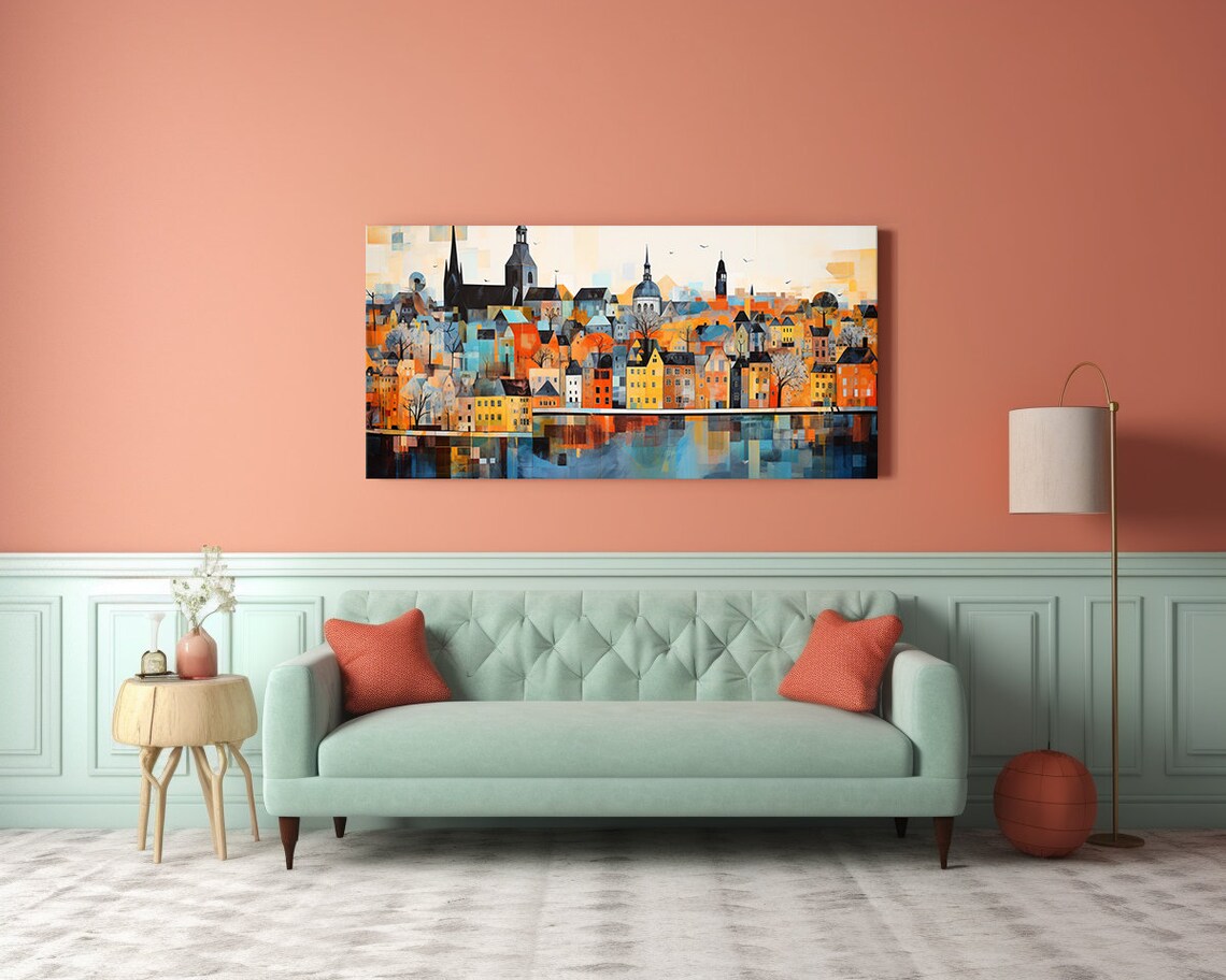 Abstract European Riverside City Skyline Watercolour Travel Poster - Image 2