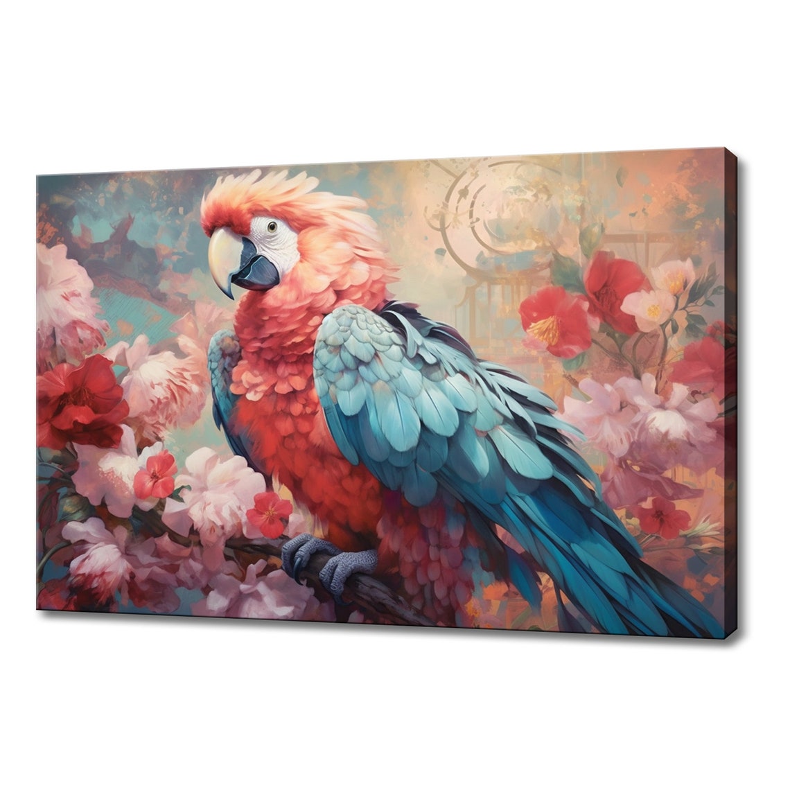 Scarlet Macaw Parrot Pink Head Red Body Blue Wings Blossom Art Poster