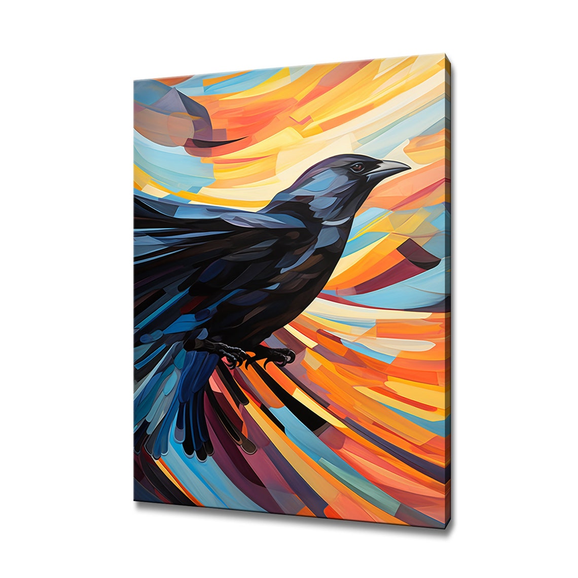 Black Crow Raven in Flight Colorful Abstract Sunset Sky Art Poster