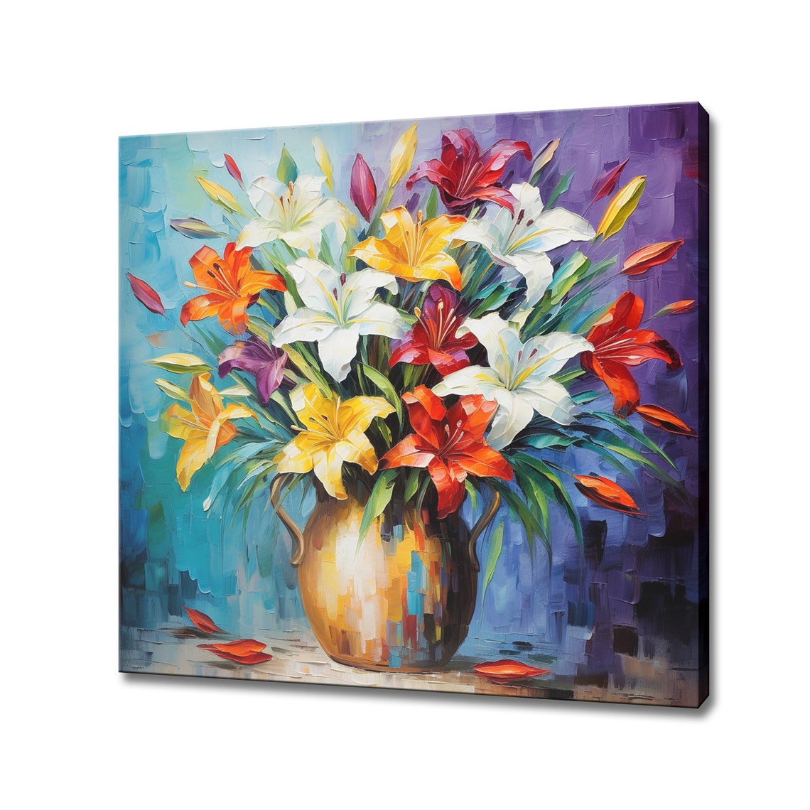 Colorful Lily Bouquet Brass Vase Red White Orange Oil Painting Poster