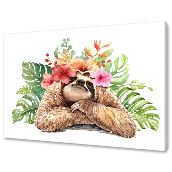 Watercolor Sloth Tropical Flower Crown Hibiscus Monstera Cute Art Poster