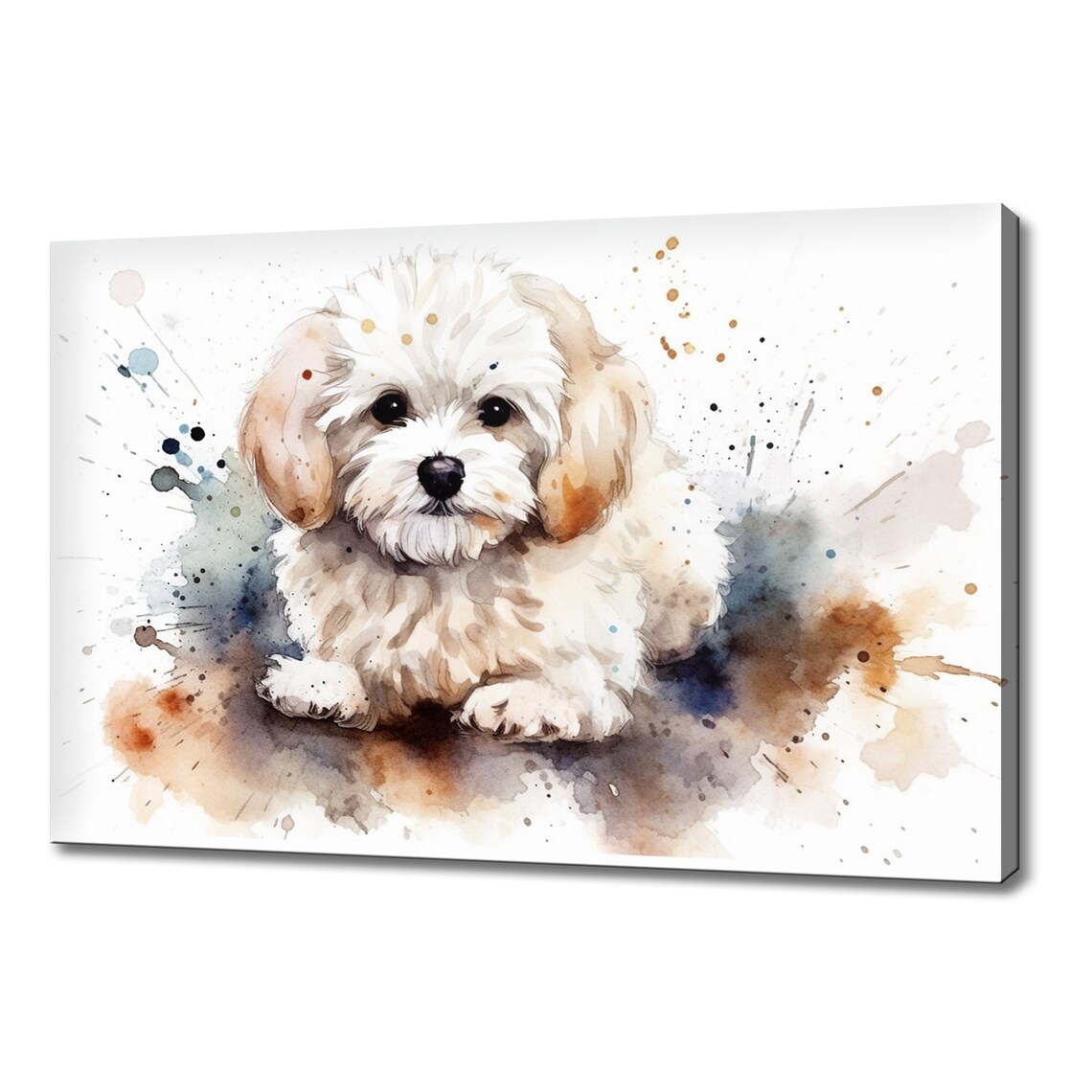 Maltese Puppy White Fluffy Coat Splash Watercolour Portrait Wall Art