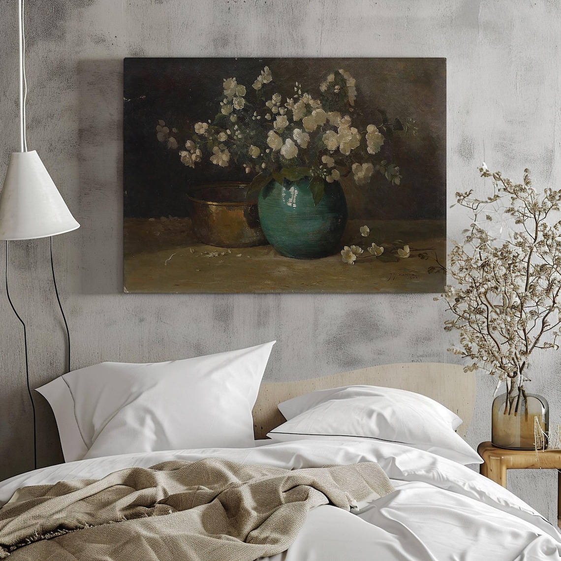 White Blossoms Green Vase Copper Bowl Dark Still Life Painting Print