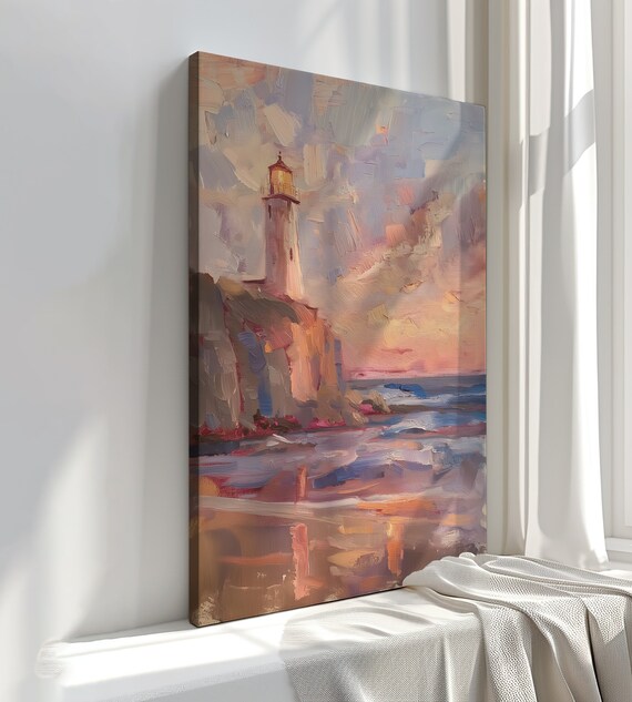 Pastel Lighthouse Cliff Ocean Sunset Serene Coastal Seascape Wall Art Print