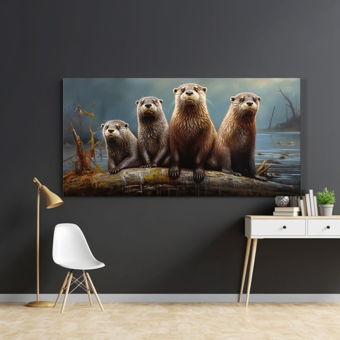 Cute Otter Family On Log By River Dusk Wildlife Wall Art Poster - Image 3