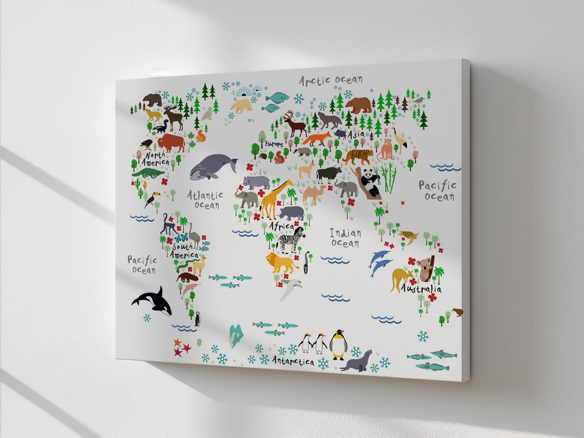 Kids World Map With Cute Animals Nursery Educational Wall Art Print