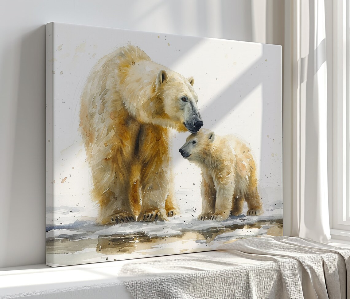 Polar Bear Mother Cub Tender Watercolor Arctic Wildlife Nursery Art Poster