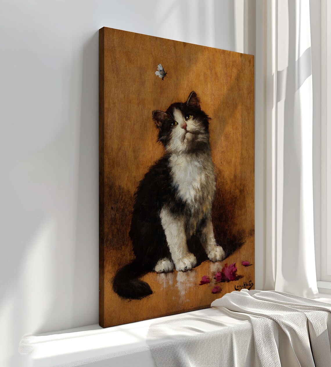 Black White Kitten Watching Butterfly Signed Leon Huber Classic Cat Painting Art - Image 3