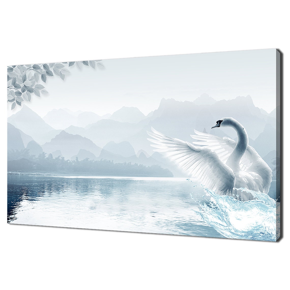 Serene White Swan Wings Spread Mountain Lake Bird Art Poster