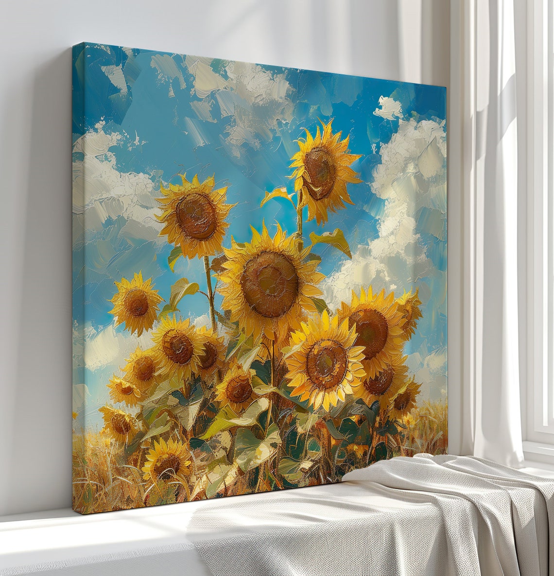 Impressionist Sunflower Field Blue Sky Oil Painting Style Wall Art