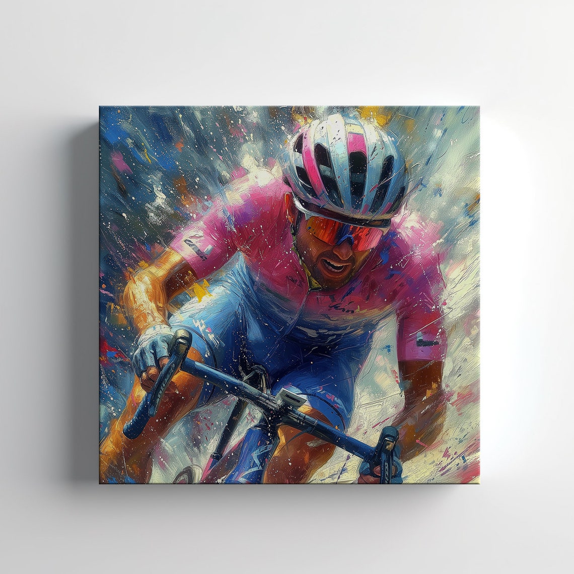 Cyclist In Pink Jersey Dynamic Action Sports Painting Wall Poster