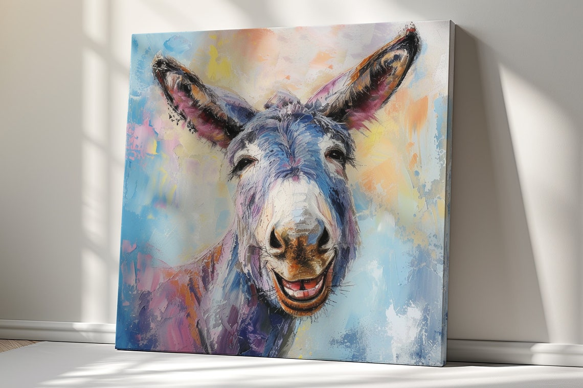 Funny Smiling Donkey Colourful Oil Painting Animal Wall Poster - Image 2