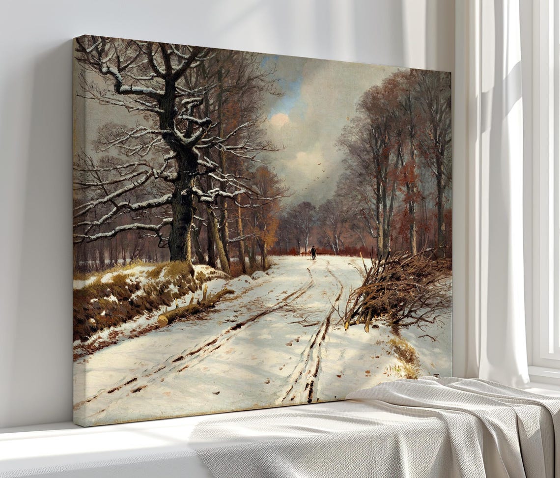 Snowy Forest Path Winter Woodland Oil Painting Serene Nature Poster
