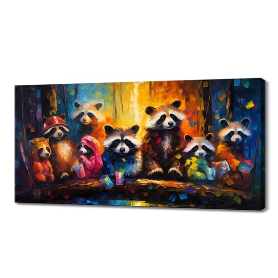 Raccoon Family Forest Gathering Colorful Whimsical Group Art Poster