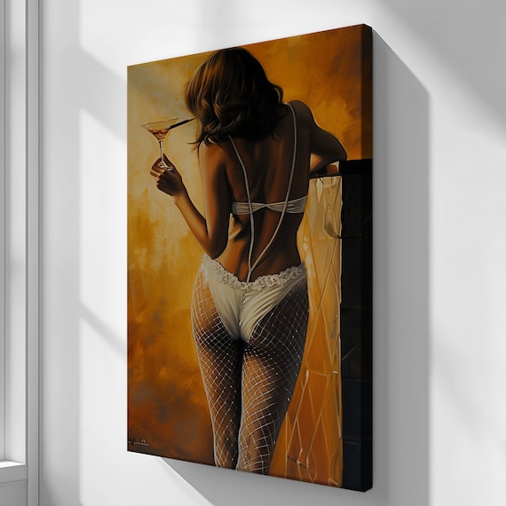 Glamorous Woman Lingerie Back View Martini Golden Boudoir Oil Wall Art Print
