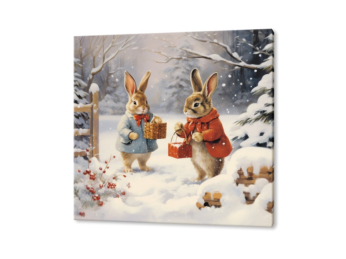 Christmas Bunnies Winter Snow Forest Cozy Holiday Art Poster