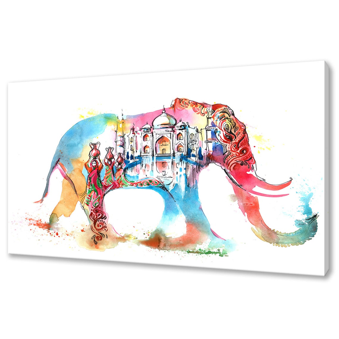 Indian Elephant Taj Mahal Watercolour Double Exposure Poster