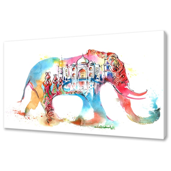 Indian Elephant Taj Mahal Watercolour Double Exposure Poster