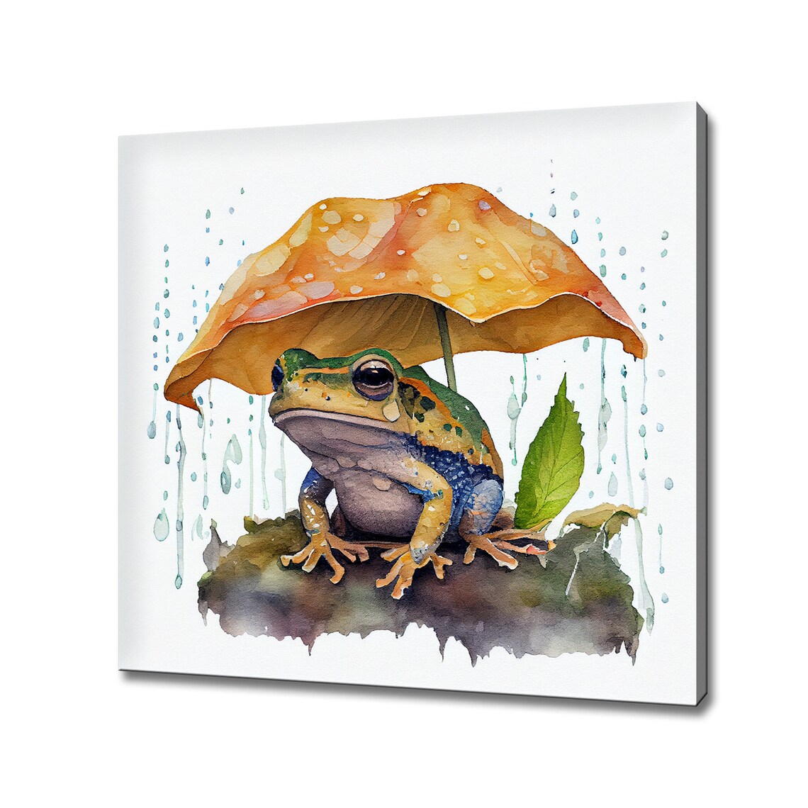 Frog in the Rain Watercolor Art Print, Colorful