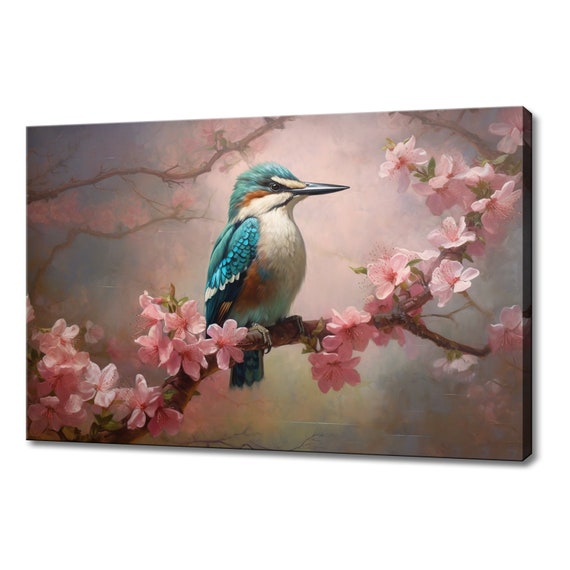Cute Blue White Bird Sitting On Pink Blossom Tree Branch Print Bird Home Decor Serene Spring Scene Art Nature Inspired Wall Art