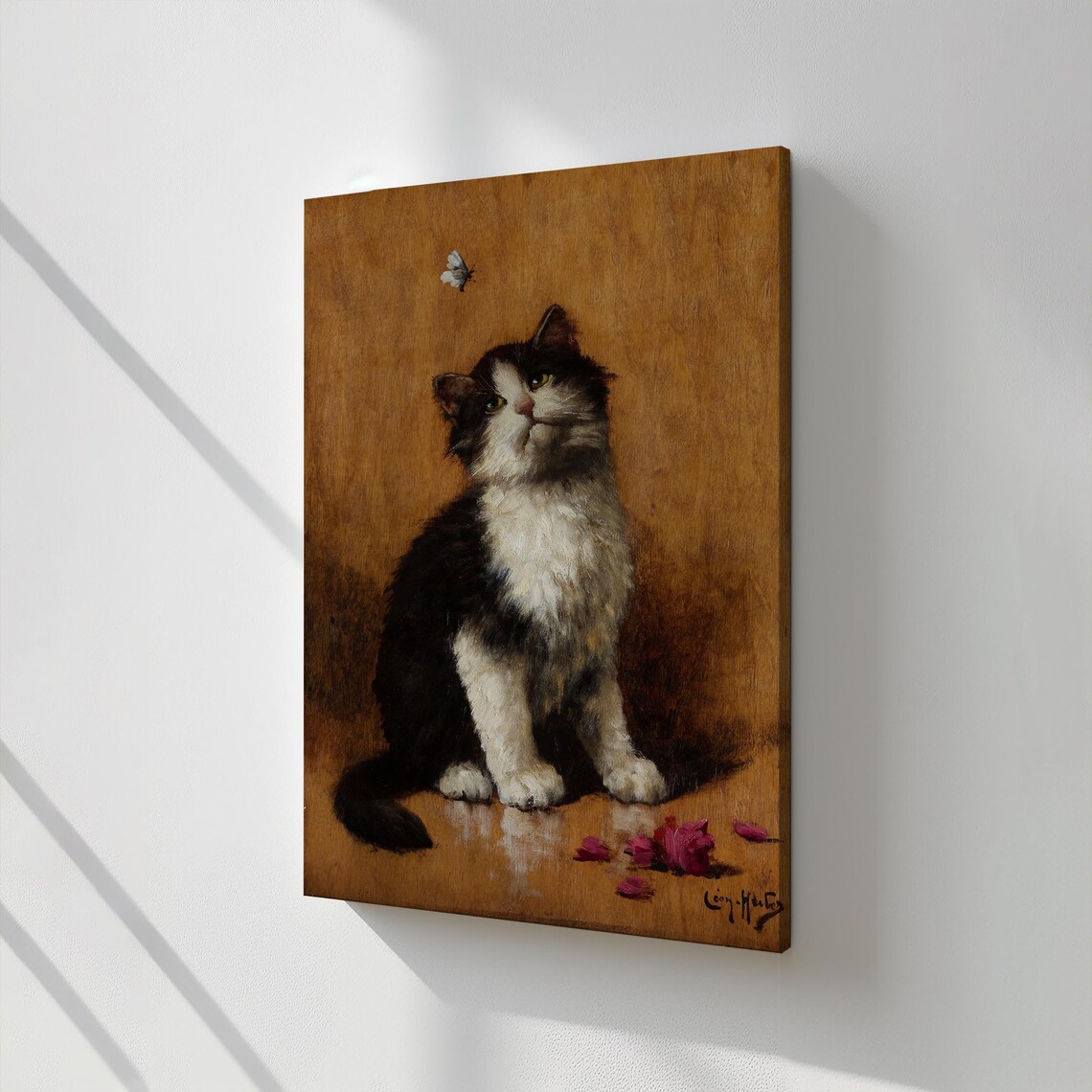 Black White Kitten Watching Butterfly Signed Leon Huber Classic Cat Painting Art - Image 2