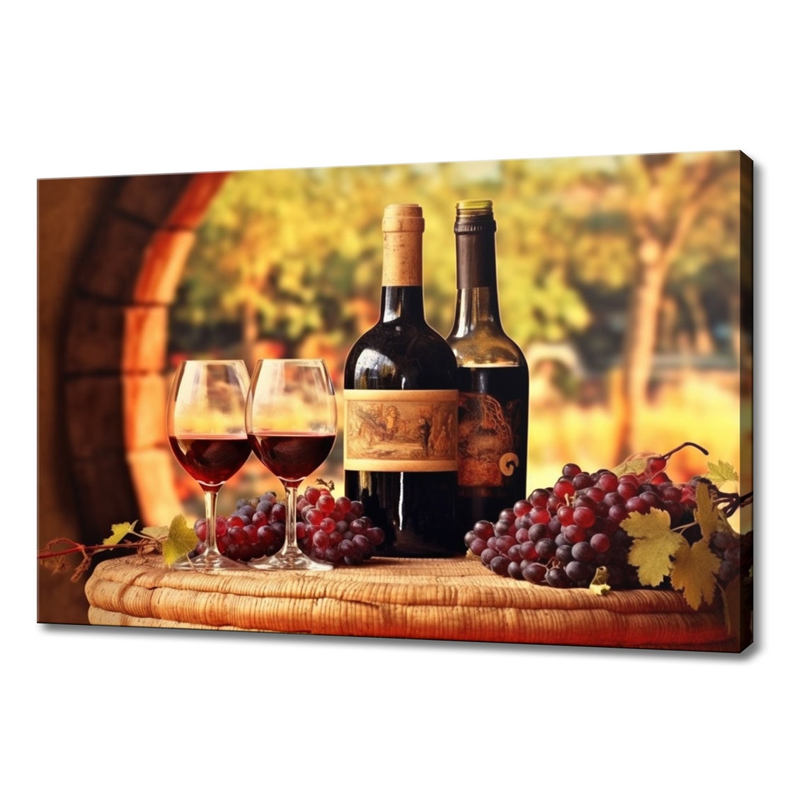 Vintage Red Wine Bottles Glasses Grapes Vineyard Still Life Poster
