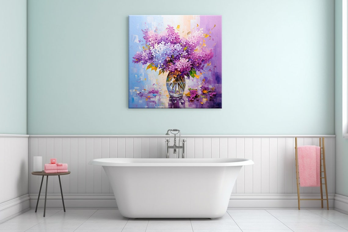 Purple Lilac Flowers Glass Vase Impressionist Spring Floral Wall Art - Image 2