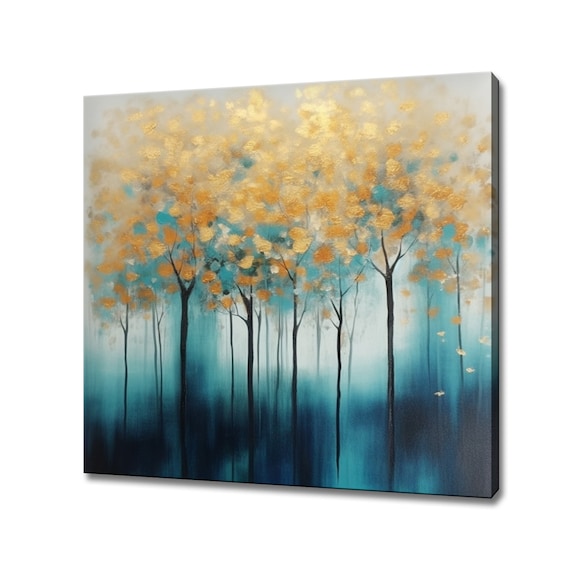 Abstract Blue Golden Trees Forest Oil Painting Style Print Rustic Landscape Art Large Wall Art Print Nature Picture Wall Hanging