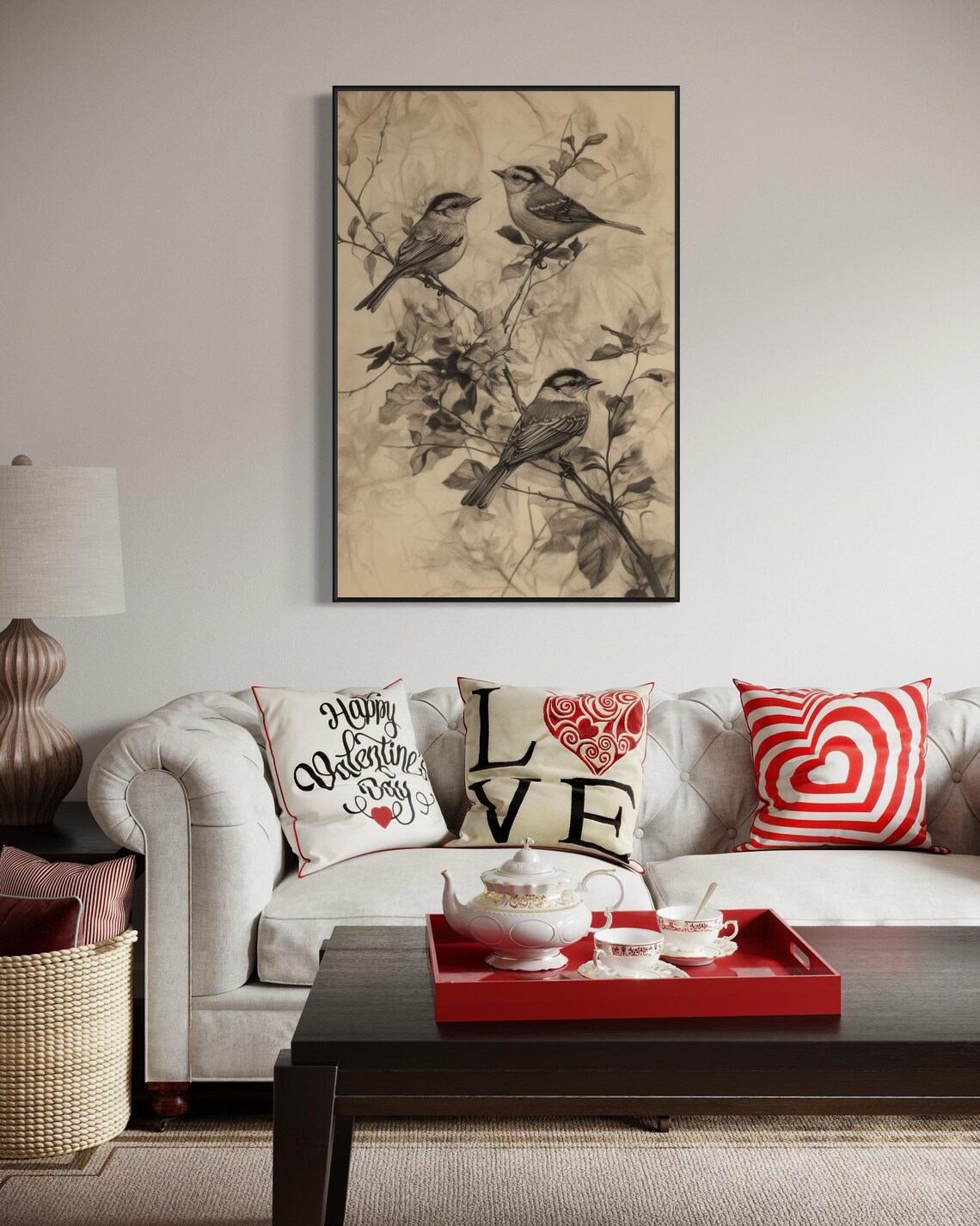 Three Songbirds on Branches Vintage Charcoal Sketch Art Poster - Image 5