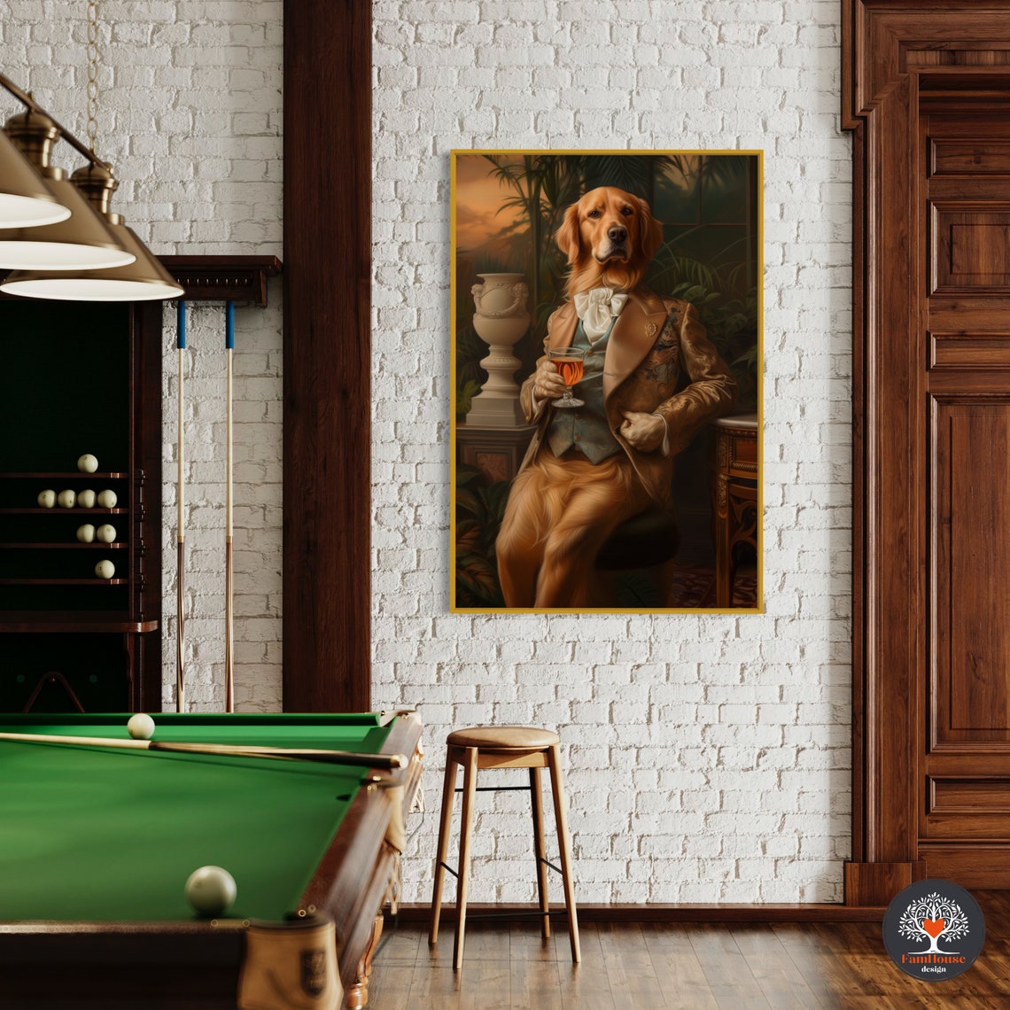 Golden Retriever Gentleman in Gold Suit Holding Whiskey Poster - Image 2