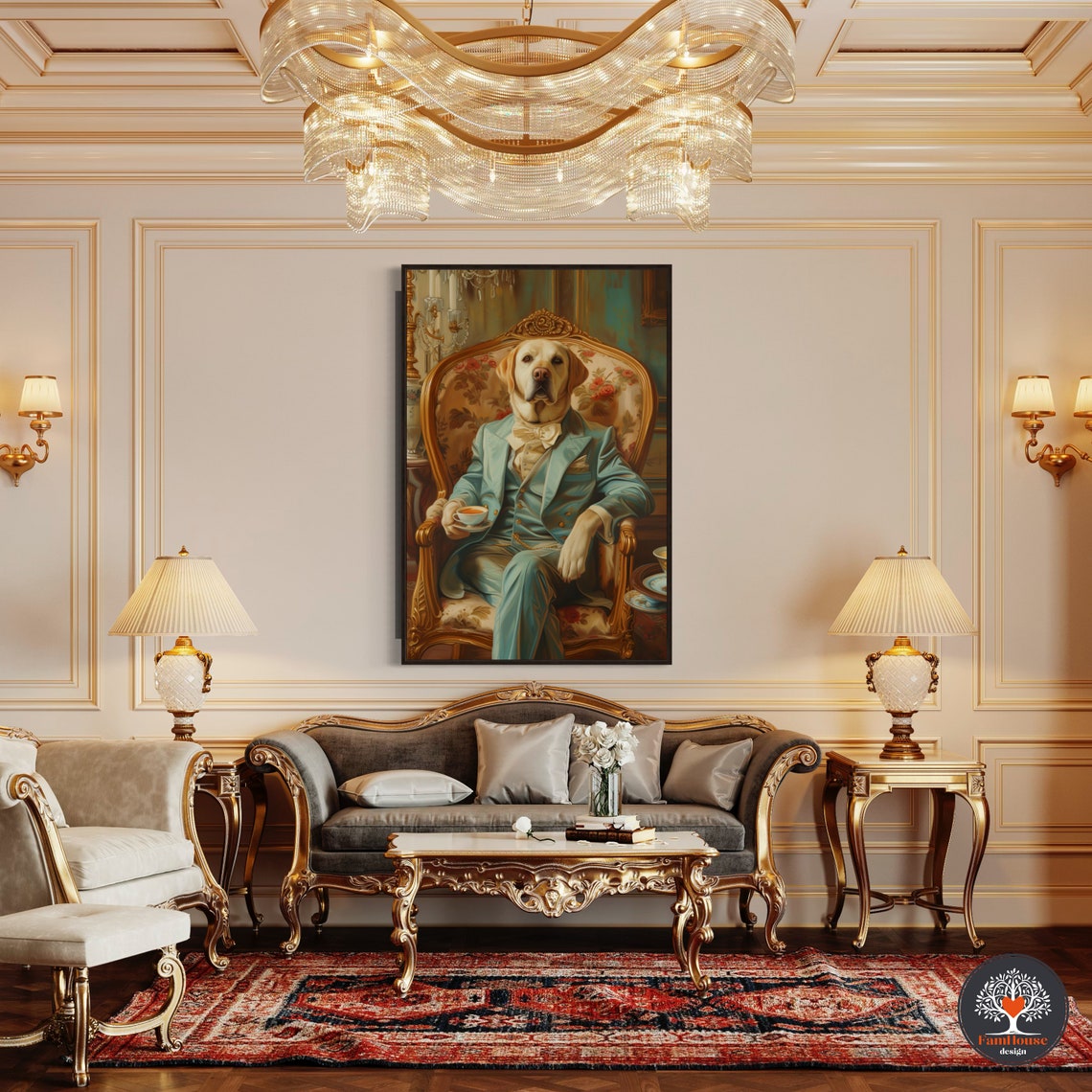 Yellow Labrador Gentleman in Teal Suit Sipping Afternoon Tea Poster - Image 4