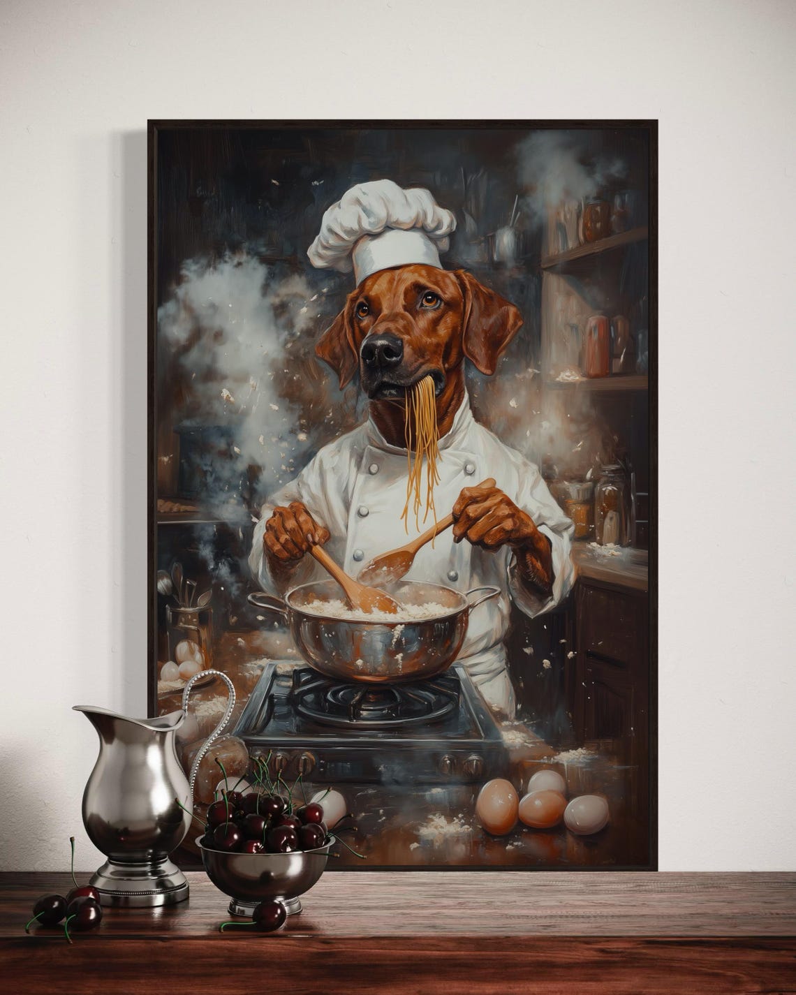 Rhodesian Ridgeback Chef Cooking Spaghetti in Rustic Kitchen Poster