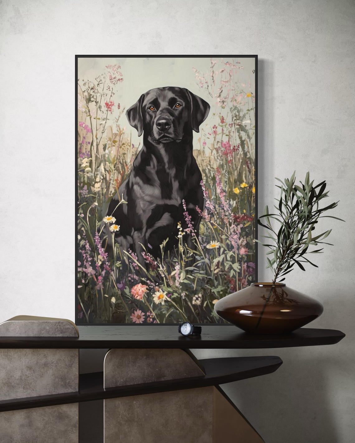 Sweet Black Labrador Sitting Among Spring Wildflowers Meadow Poster