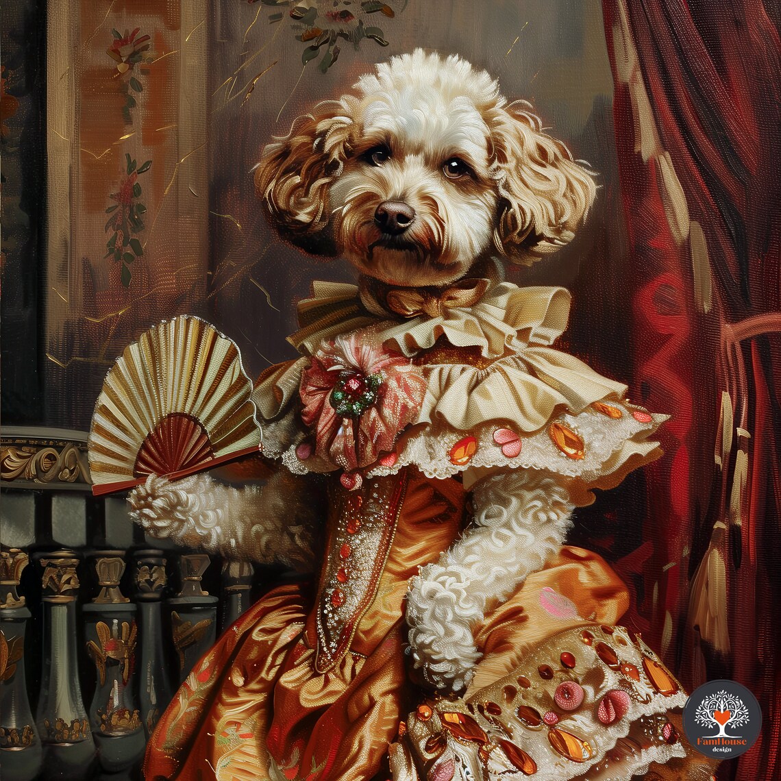 Curly White Dog in Regal Renaissance Gown Holding Fan Portrait Poster - Image 6