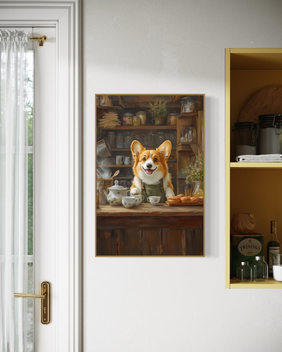 Corgi Tea Shop Barista Behind Rustic Counter with Teapots Poster - Image 4