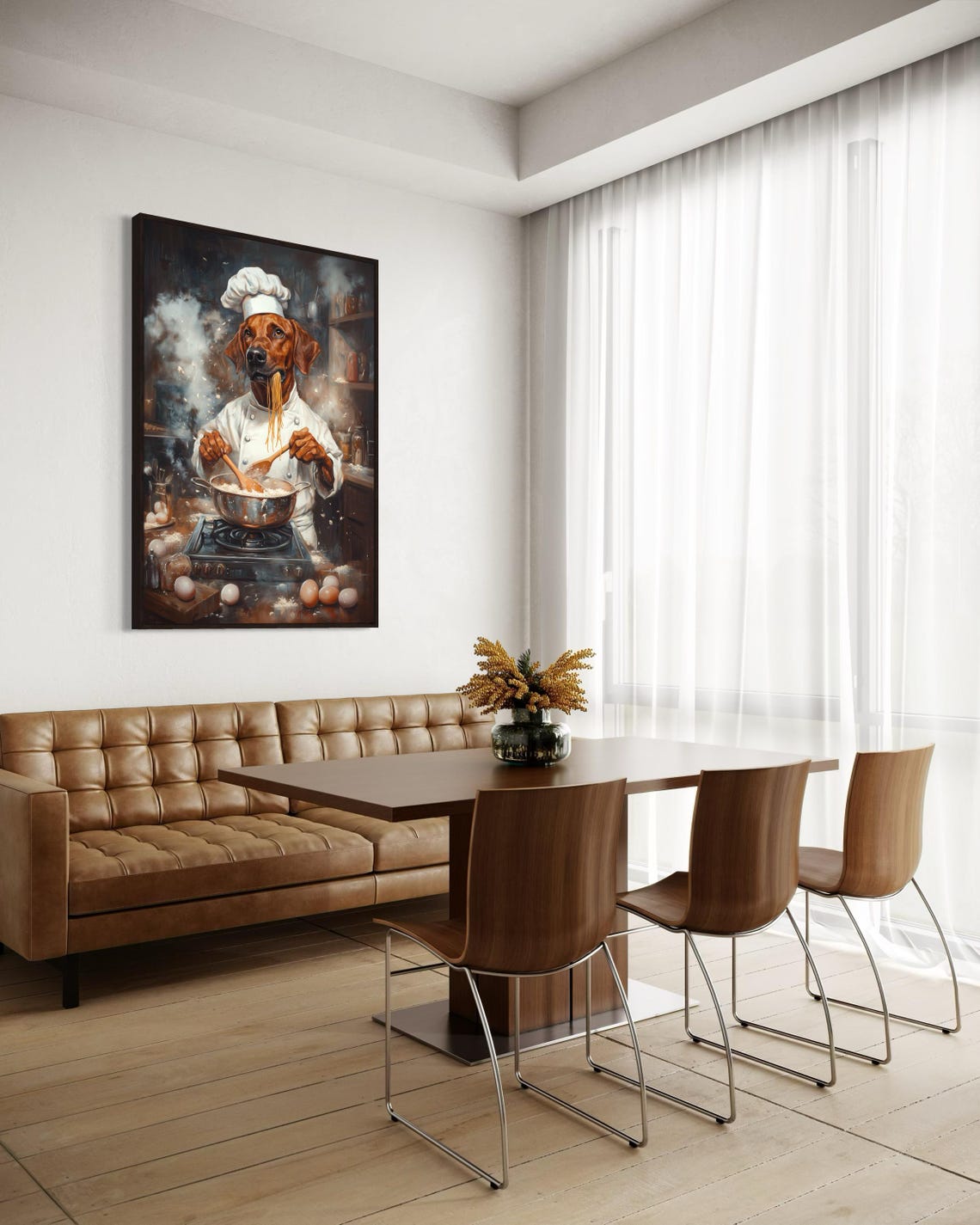 Rhodesian Ridgeback Chef Cooking Spaghetti in Rustic Kitchen Poster - Image 4
