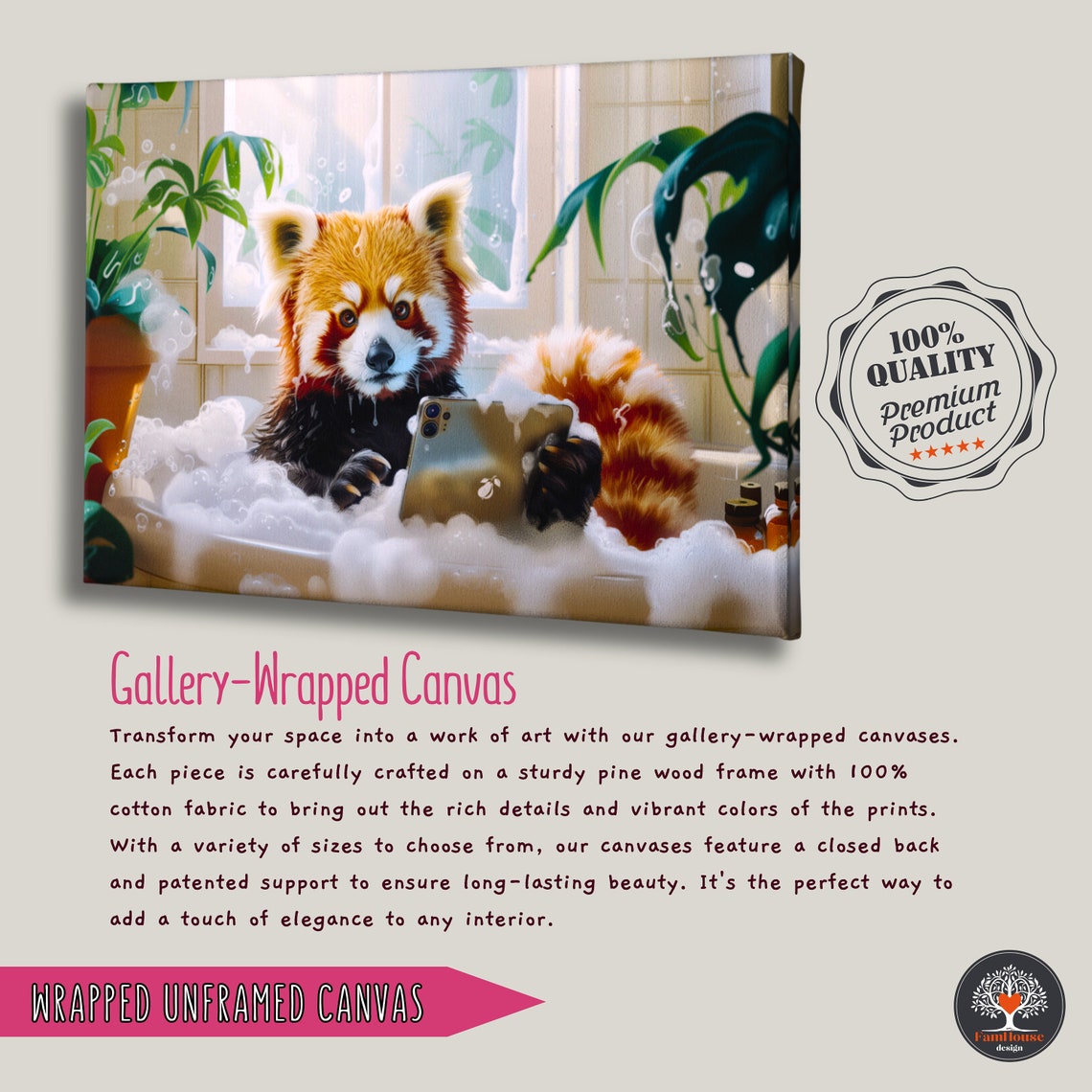 Red Panda Bath Time Relaxing in Bubble Bath with Phone Poster - Image 3