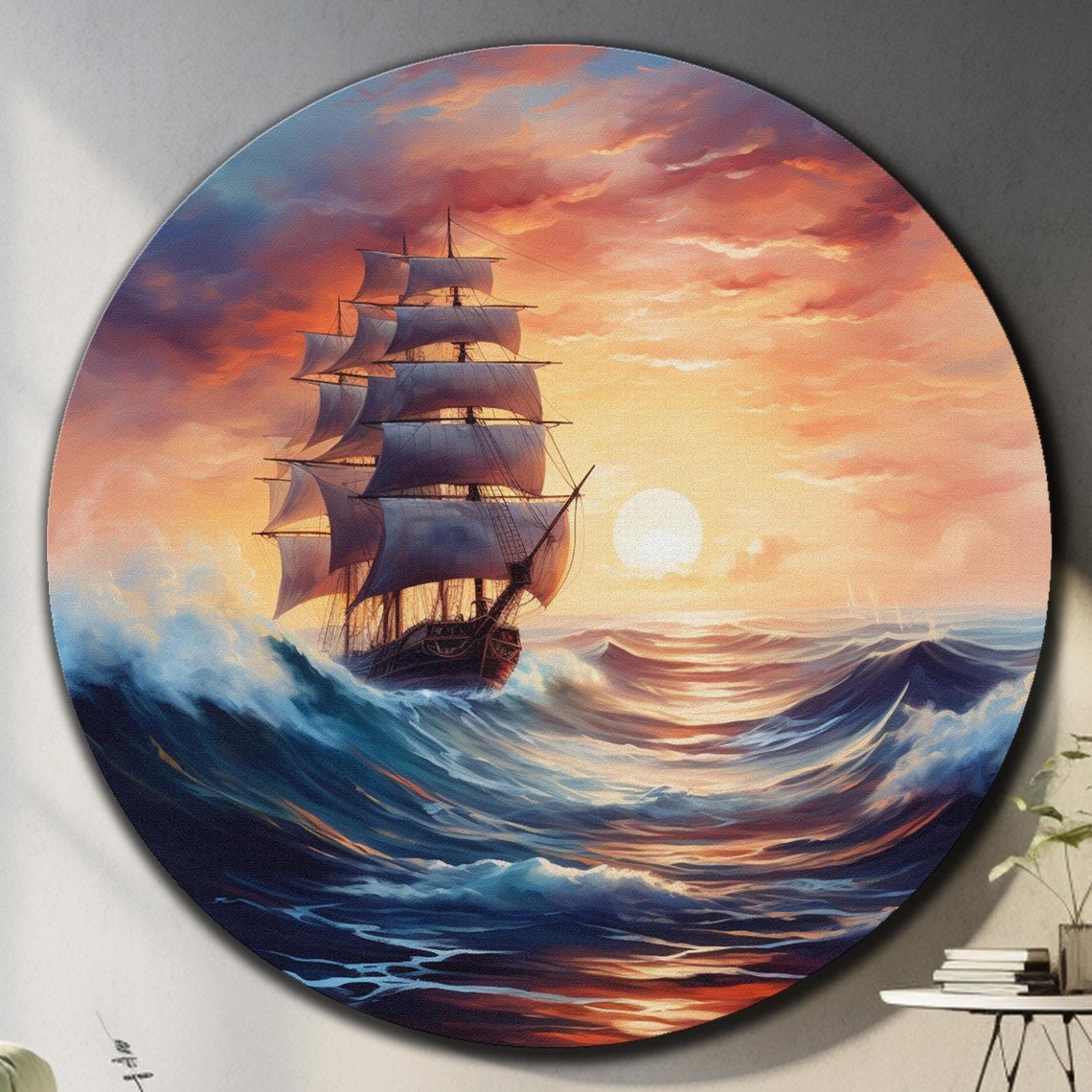 Tall Ship Stormy Sunset Full Sails Ocean Waves Round Glass Wall Art