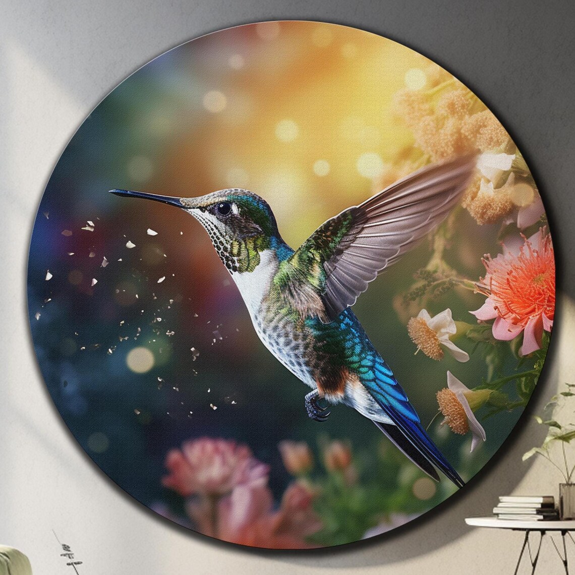 Hummingbird Flight Iridescent Green Flowers Golden Glow Round Wall Art