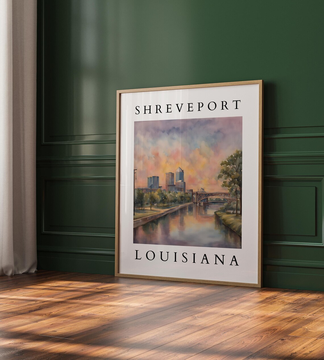 Shreveport Louisiana Watercolor Art Print, Scenic Cityscape
