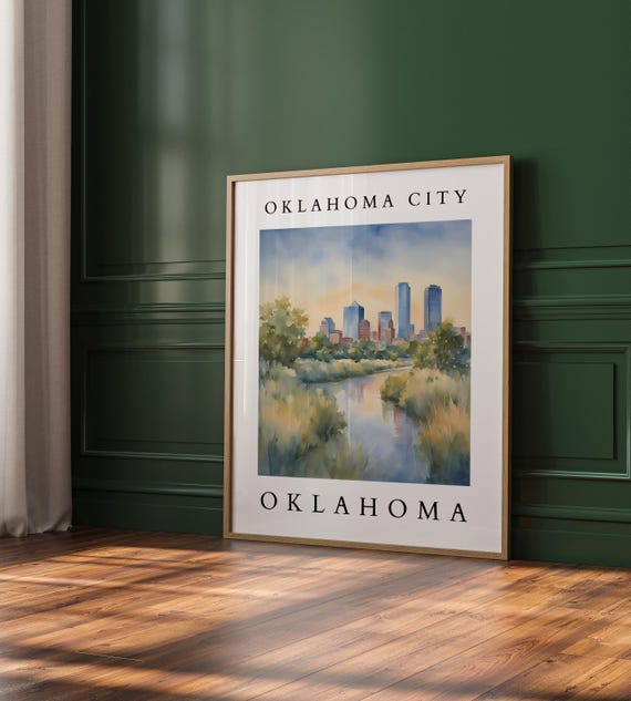 Oklahoma City Print Okc Watercolor Skyline Art Wall Cityscape