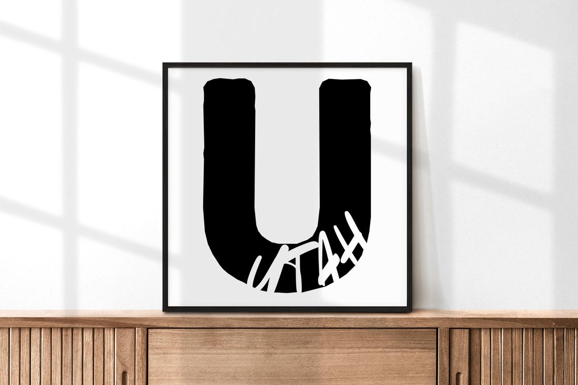 Utah State Large Letter U Black White Minimalist Typography Print