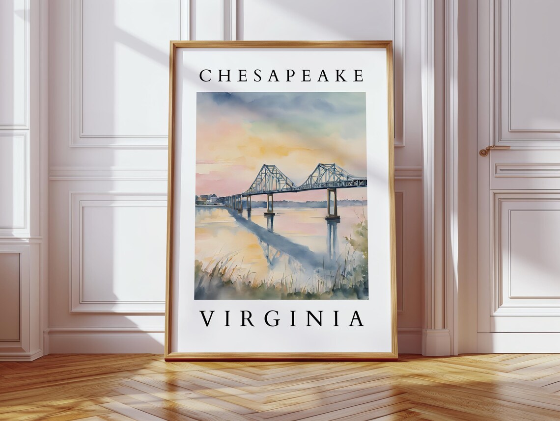 Chesapeake Virginia Watercolor Bridge Sunset Art Print