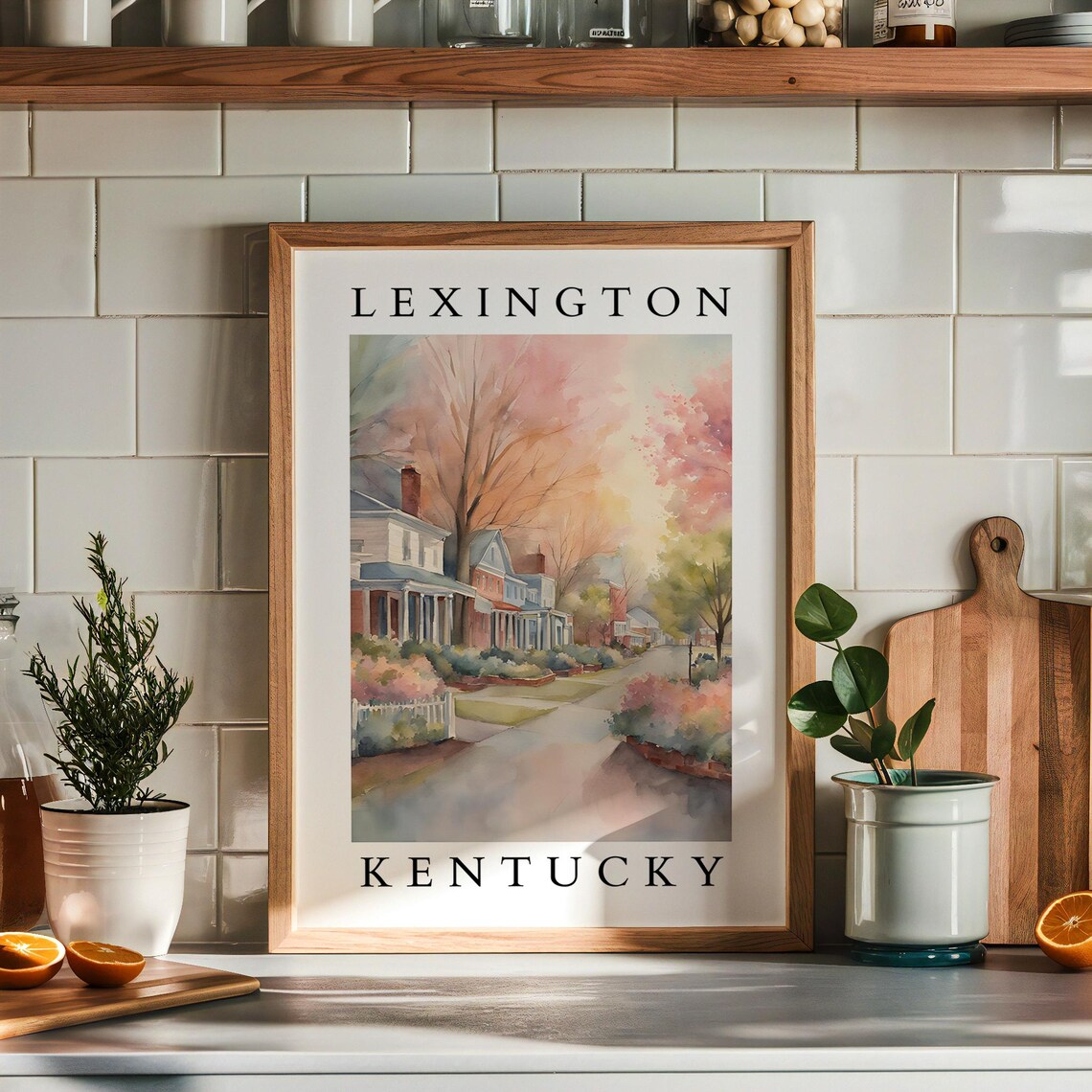 Lexington Kentucky Watercolor Neighborhood Street Spring Blossom Poster