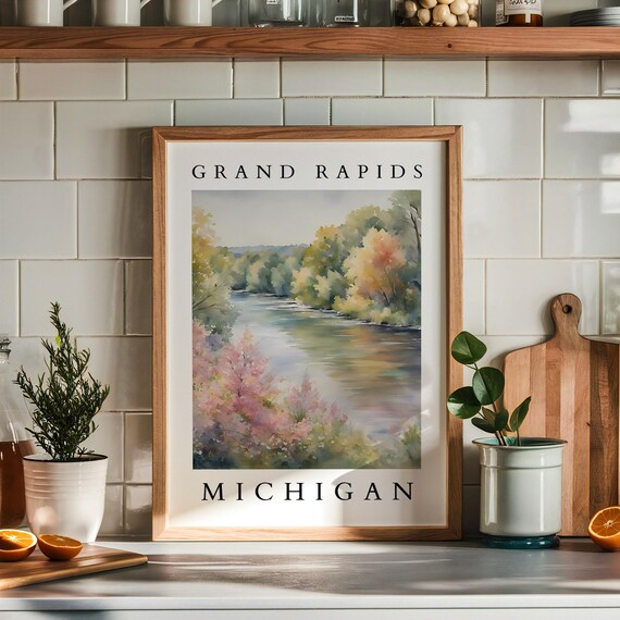 Grand Rapids Michigan Serene River Scene With Spring Blossoms Poster
