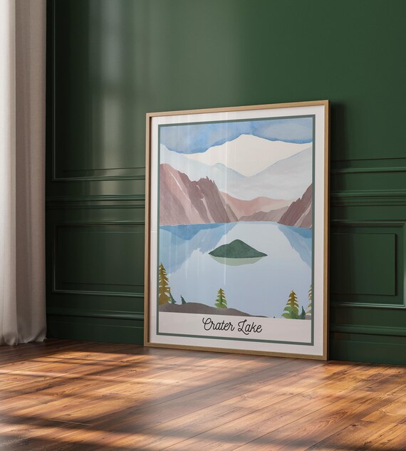 Crater Lake National Park Blue Lake Island Mountain Watercolor Poster