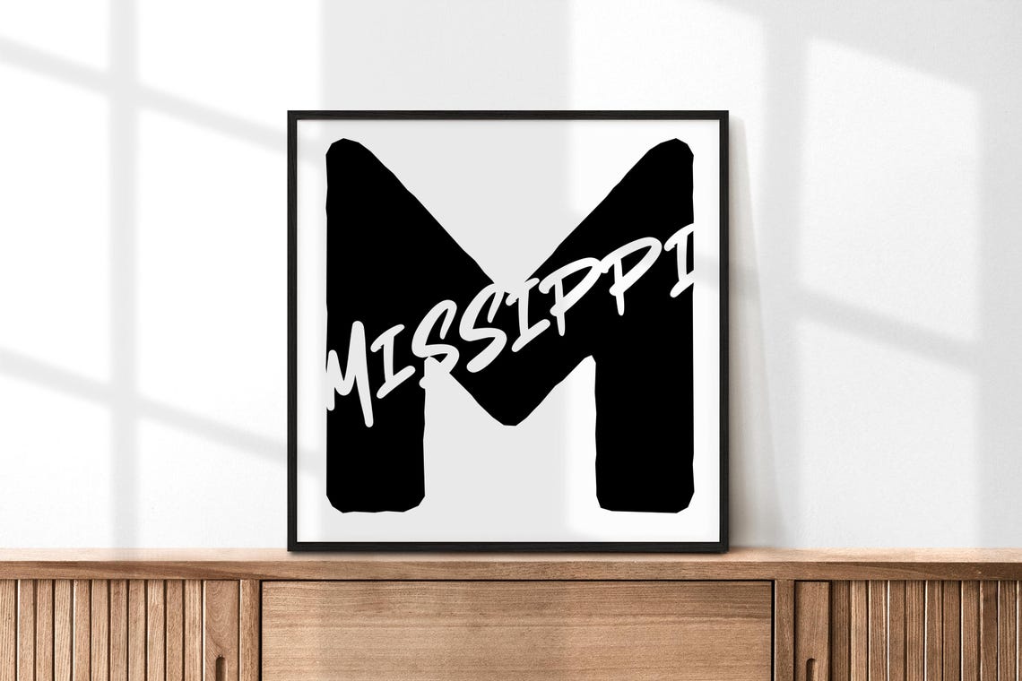 Mississippi Letter M Monogram Black White Typography Poster for Home