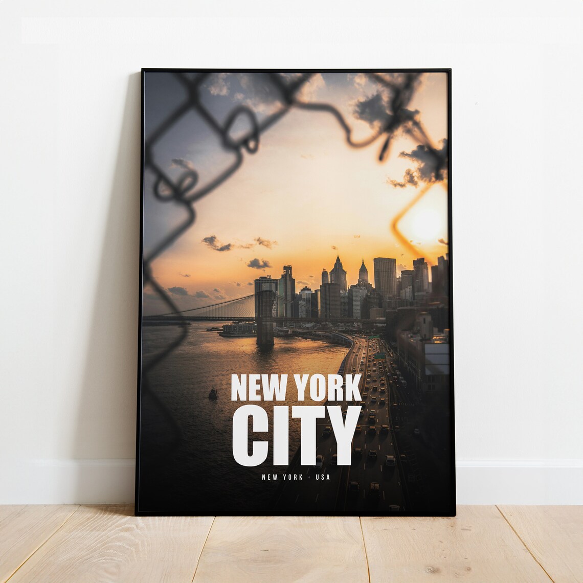 New York City Sunset Skyline Fence Framed Travel Photo Poster