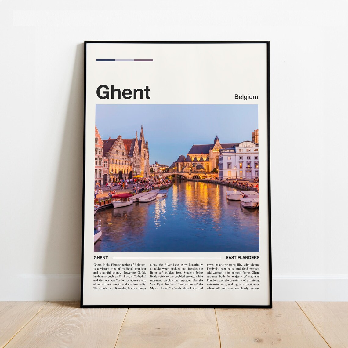 Ghent Belgium Minimalist Travel Poster with River Leie Canal Scene